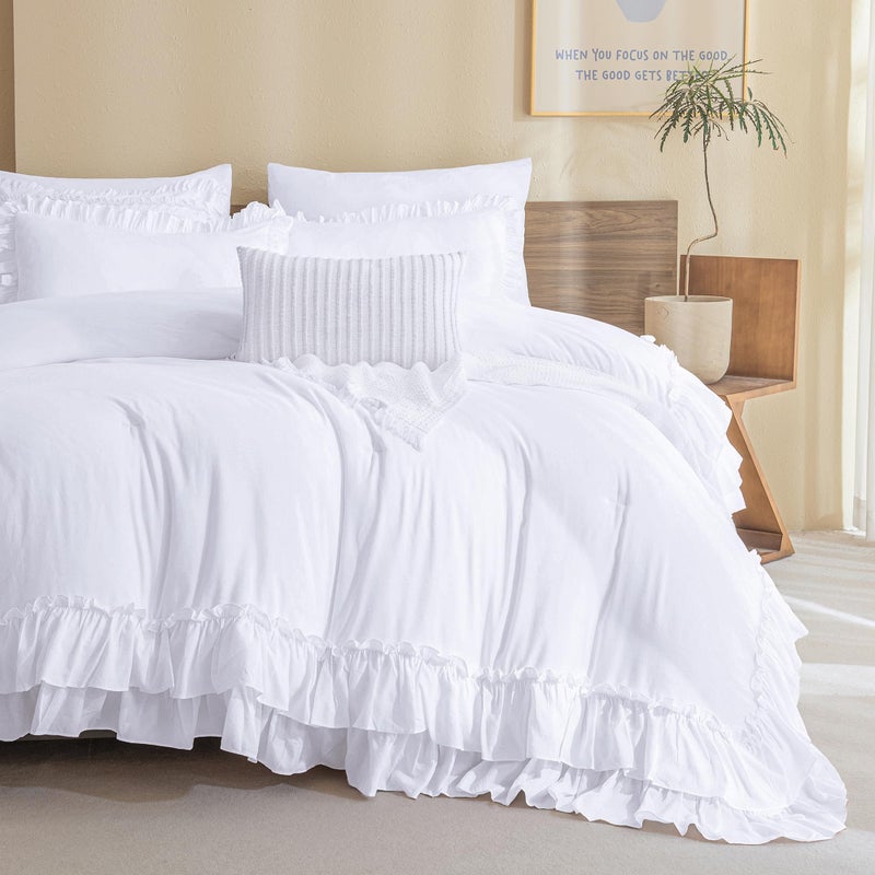 QSH White Farmhouse Ruffled Comforter Set King Size Shabby Boho Chic White Bedding Comforter King Lightweight Fluffy Ultra Soft Microfiber Inner Fill Bedding Set 3 Pieces - Image 2